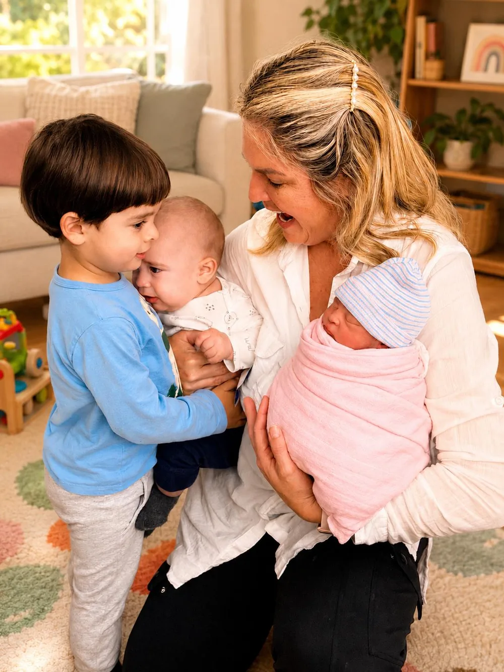 Flávia lovingly holding two babies and a toddler at Flavia's Little Sprouts