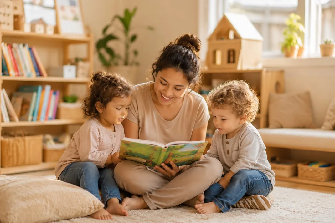 Caregiver reading a story book with two toddlers at Flávia's Little Sprouts daycare in Novato