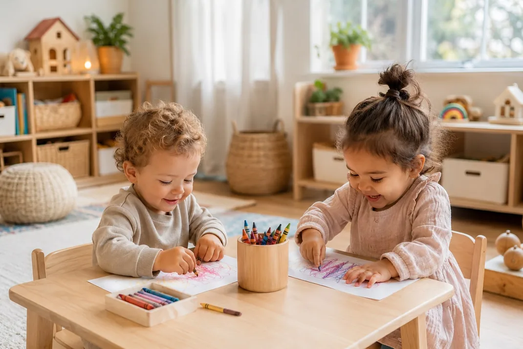 Two toddlers coloring with crayons at the art table