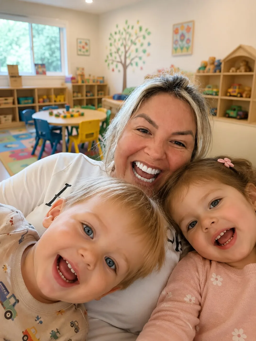 Flávia smiling with two happy children in the daycare