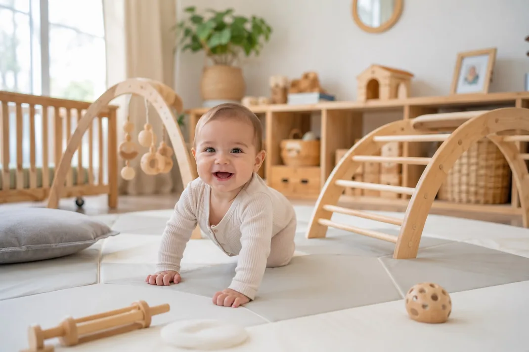 Smiling baby crawling and exploring in the infant play area