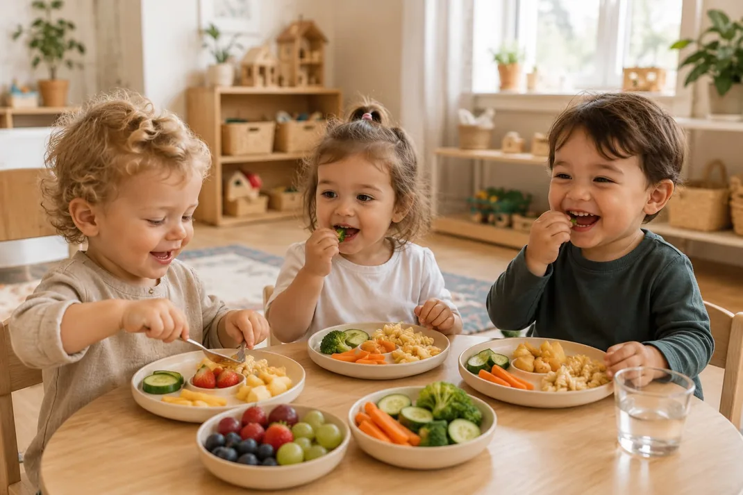 Three toddlers enjoying a healthy meal of fruits and vegetables together