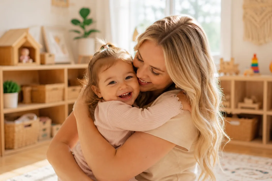 Caregiver giving a warm, loving hug to a toddler