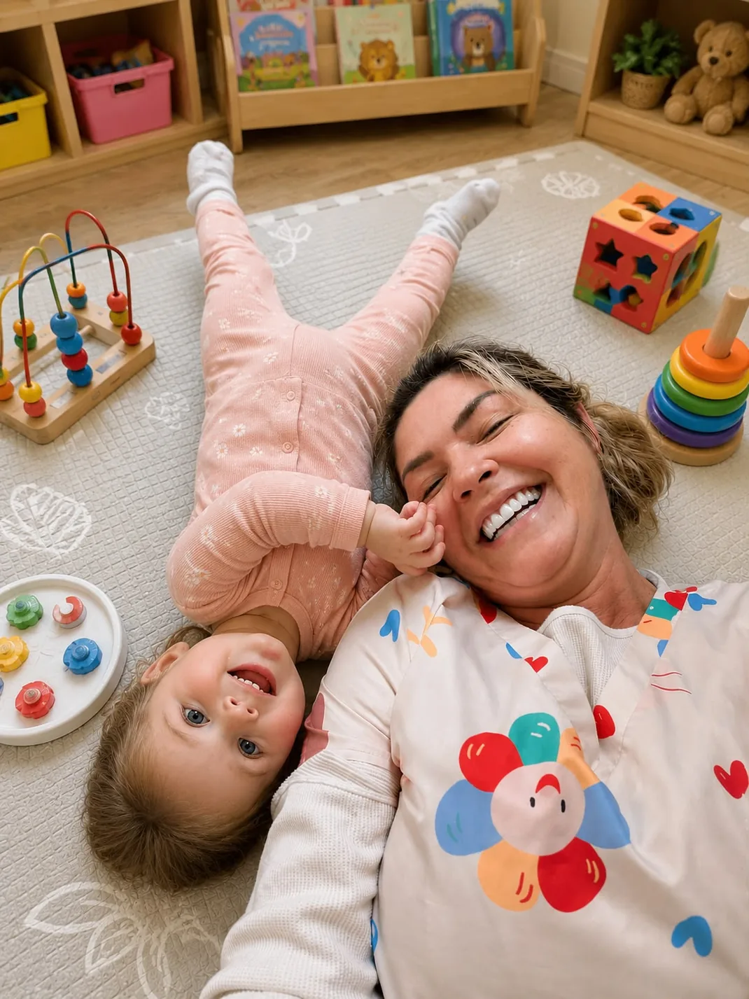 Flávia and a child playing and laughing together on the play mat