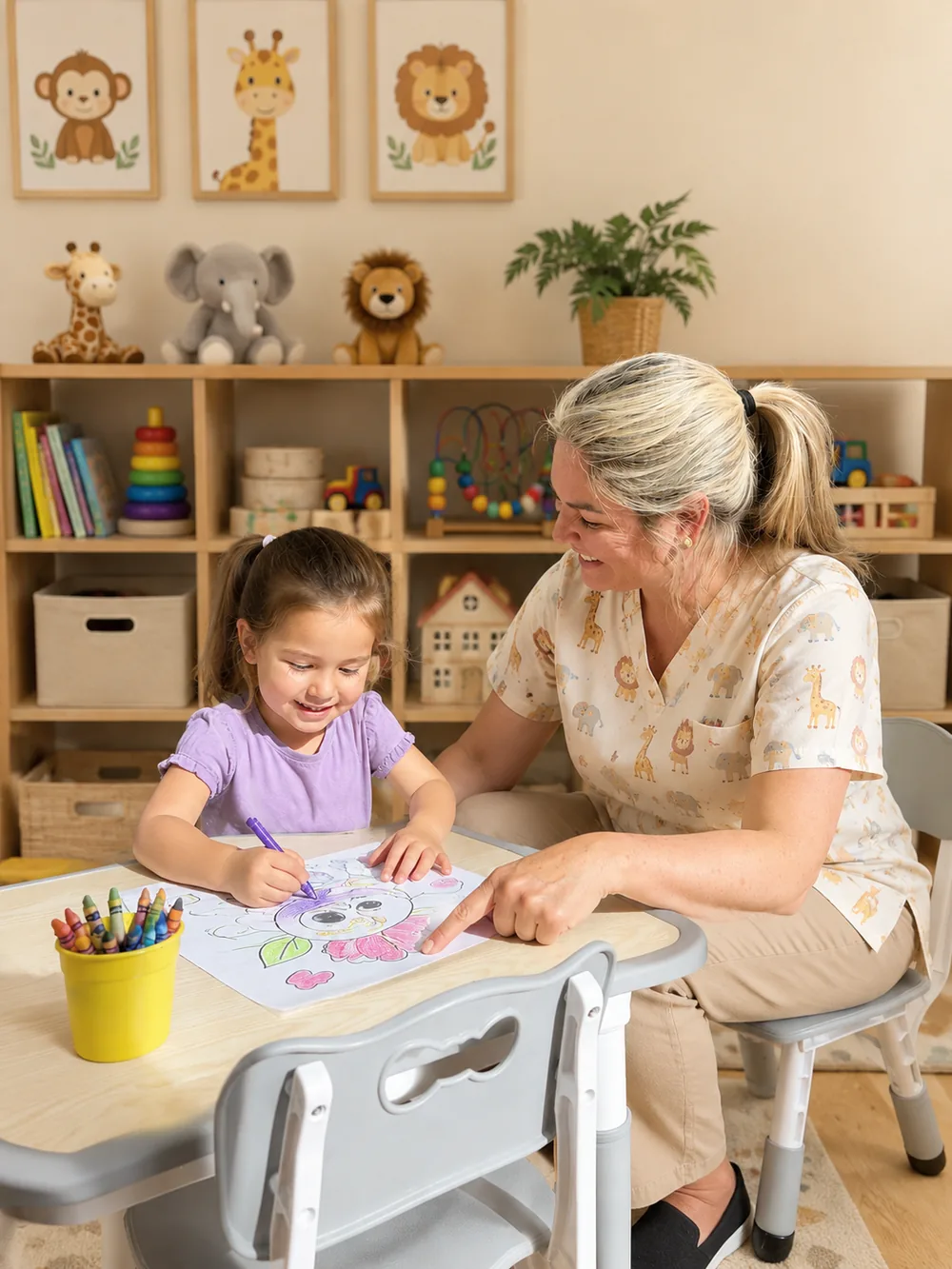 Flávia caring for a child at Flavia's Little Sprouts daycare